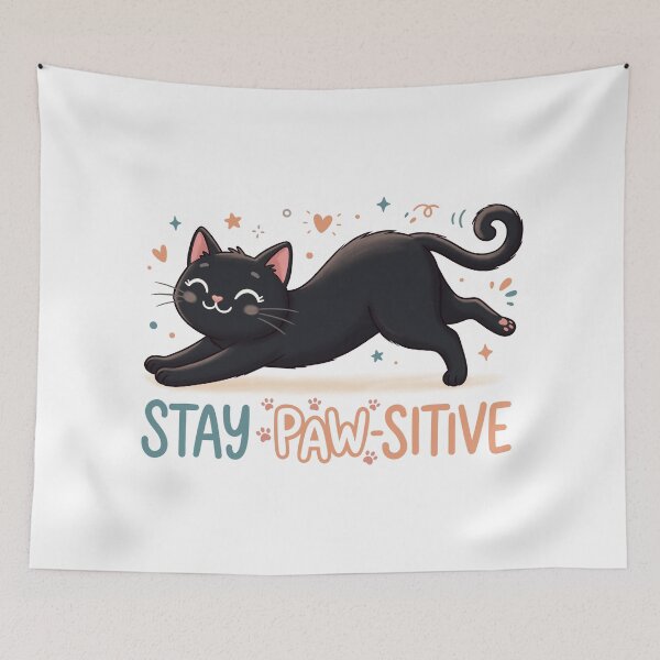 Item preview, Cute Cartoon Black Cat Stretching with Stay Paw-Sitive Text designed and sold by DiNata.