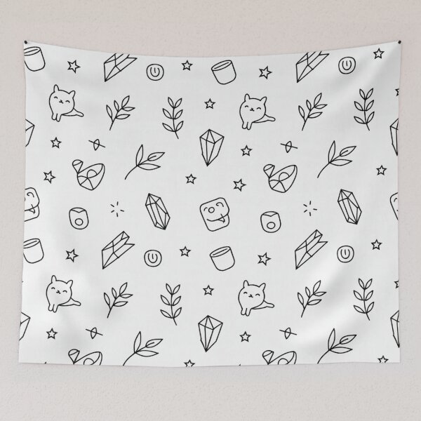 Item preview, Cute Kawaii Crystal Cat Pattern with Stars Leaves & Doodles Black Line Art designed and sold by Midnight Veil Designs.