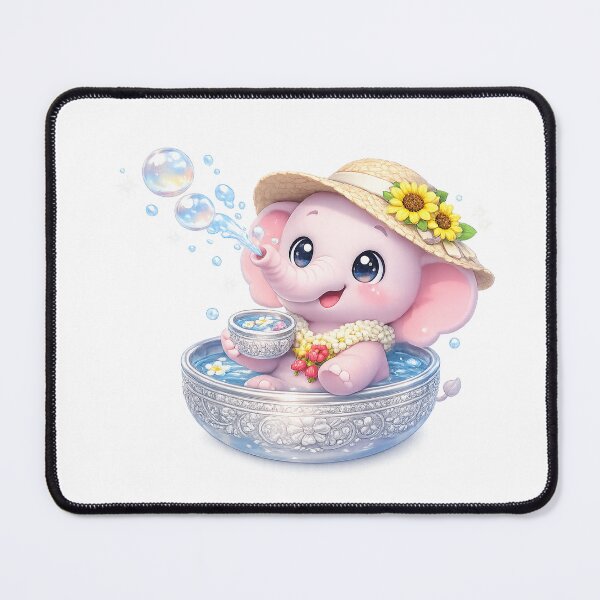 Item preview, Kawaii Elephant Songkran Bubbles with Sunflower Hat – Cute Thai Summer Art designed and sold by Melody Printable.