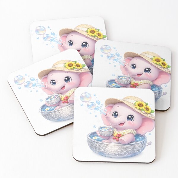 Item preview, Kawaii Elephant Songkran Bubbles with Sunflower Hat – Cute Thai Summer Art designed and sold by Melody Printable.