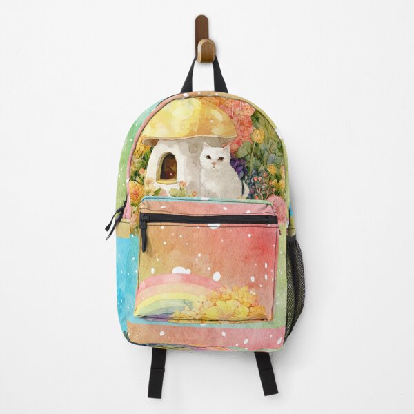 Item preview, White Cat Mushroom Cottage Rainbow Floral Watercolour Illustration designed and sold by ChasingRabbit05.