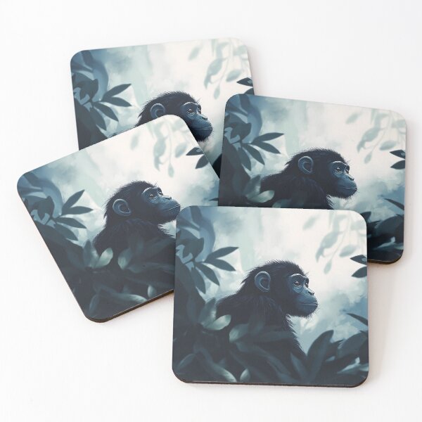 Item preview, Curious Baby Chimpanzee in Misty Jungle – Cute Wildlife Illustration designed and sold by StaStreetStore.