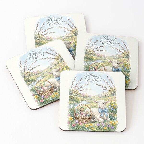 Item preview, Vintage Easter Lamb with Blue Bow and Spring Bird Watercolor designed and sold by naughty-raccoon.