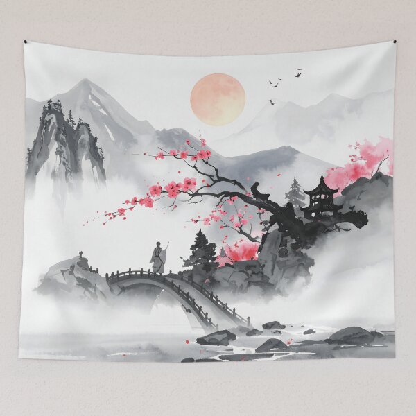 Item preview, Japanese Zen Landscape — Soothing Spiritual Sumi-e designed and sold by Schoenenwald - Illustrations Uniques et Originales.