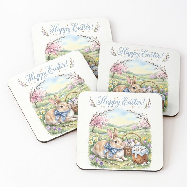 Item preview, Vintage Easter Bunny with Blue Bow and Pastel Blue Easter Cake designed and sold by naughty-raccoon.