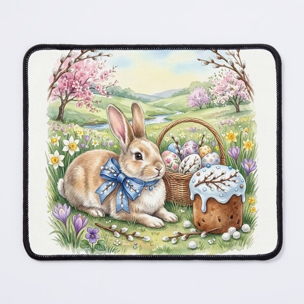 Item preview, Vintage Easter Bunny with Blue Bow and Pastel Blue Easter Cake designed and sold by naughty-raccoon.
