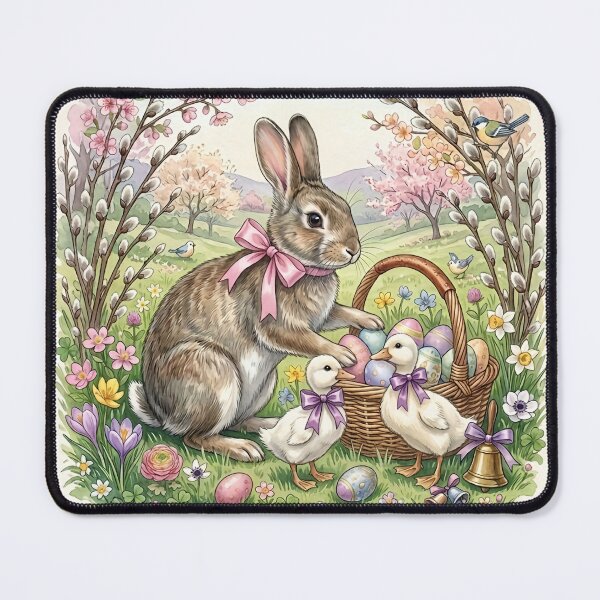 Item preview, Vintage Easter Bunny and Ducklings in a Blooming Meadow Greeting Card Art designed and sold by naughty-raccoon.