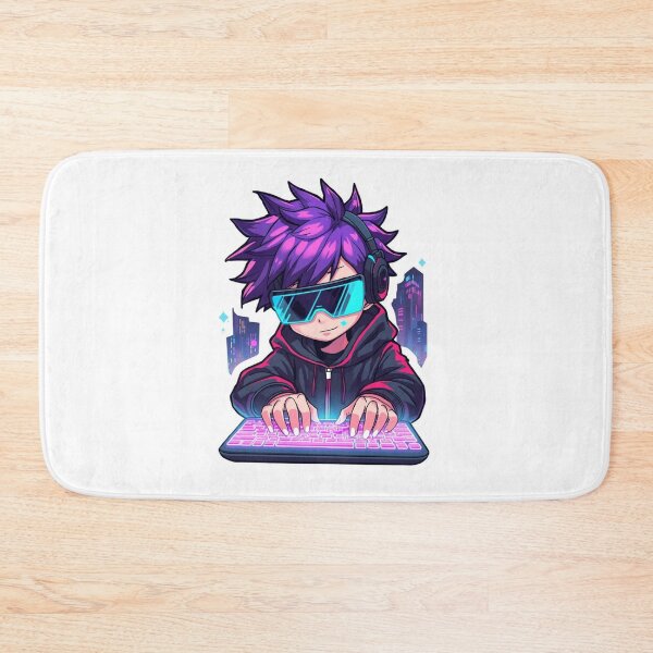 Item preview, Cyberpunk Anime Hacker Boy Typing Neon Digital Code designed and sold by Animepopstudio.
