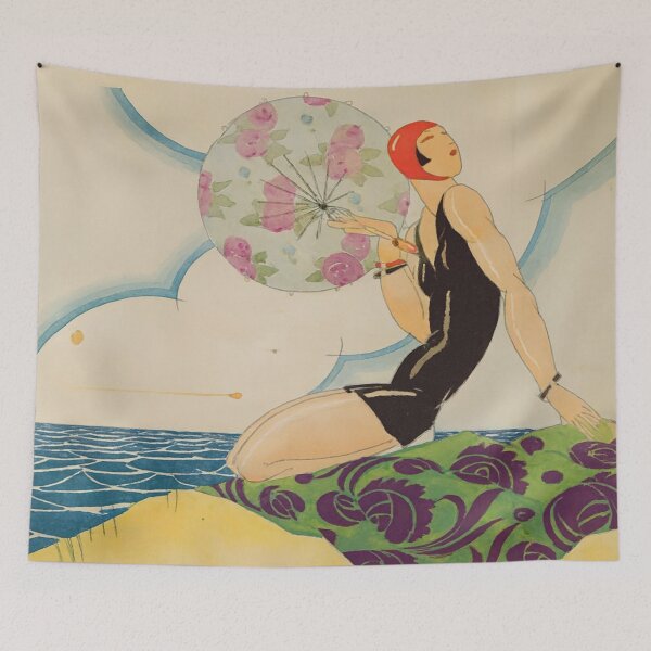 Item preview, Art Deco Poster Vintage Swimmer Woman Beach Scene for Retro Summer Aesthetic Lovers designed and sold by RickE.
