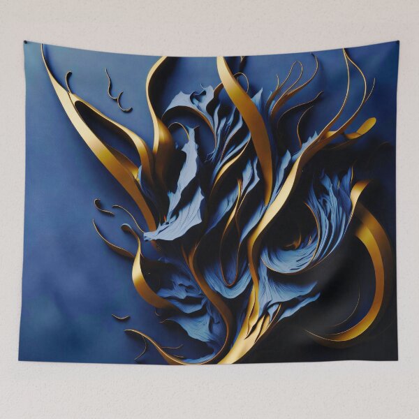 Item preview, Abstract Blue and Gold Flow - Luxury 3D Organic Shapes Wall Art designed and sold by Peter Kraaibeek | Generative Designs and Car Art.