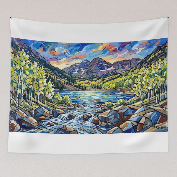 Artikelvorschau, Farbenfrohe Berglandschaft mit See, geometrisches Naturmotiv, Kunstdruck entworfen und verkauft von Meteor Destroyer.