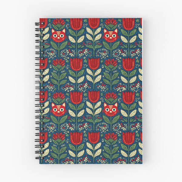 Item preview, Dark Blue Folk Art Cat and Floral Pattern designed and sold by Piotrek0001.