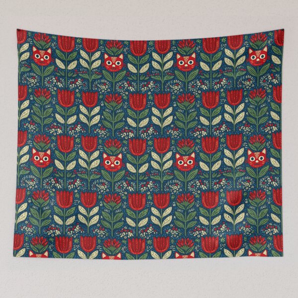 Item preview, Dark Blue Folk Art Cat and Floral Pattern designed and sold by Piotrek0001.