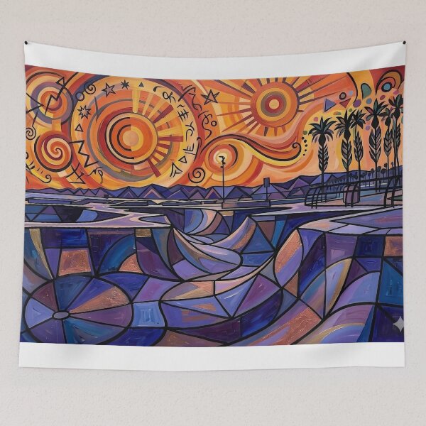 Item preview, Colorful Abstract Landscape Sunset Geometric Desert Palm Modern Art Print designed and sold by Meteor Destroyer.