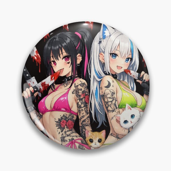 Item preview, Neon Anime Girls with Kawaii Cats and Bloody Knives – Dark Tattoo Art designed and sold by HIGHSQUARE.