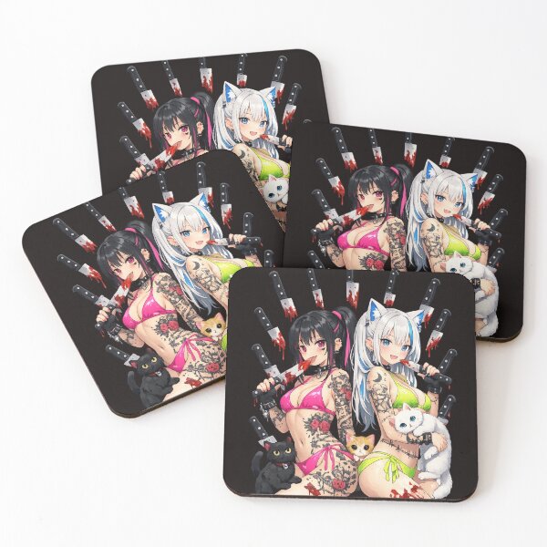 Item preview, Neon Anime Girls with Kawaii Cats and Bloody Knives – Dark Tattoo Art designed and sold by HIGHSQUARE.
