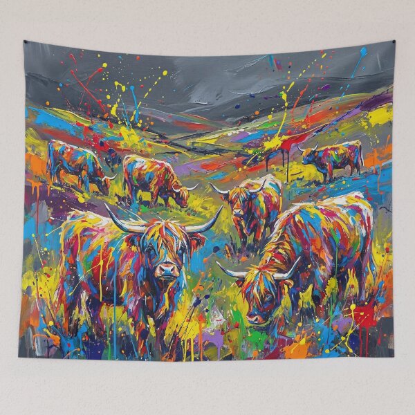 Item preview, Abstract Colourful Highland Cows in Countryside Painting designed and sold by Printpix.