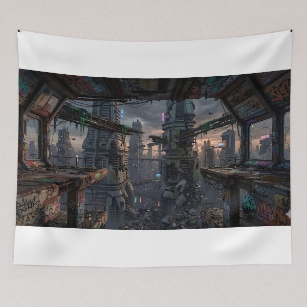 Item preview, Cyberpunk Dystopian City Abandoned Futuristic Skyline Graffiti Urban Art designed and sold by Meteor Destroyer.