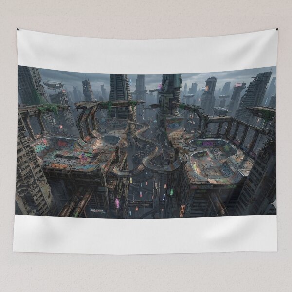 Item preview, Cyberpunk Skate Park Dystopian City Futuristic Urban Graffiti Landscape Art designed and sold by Meteor Destroyer.