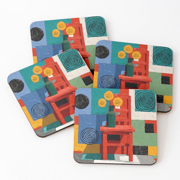 Item preview, Brighten the Room - Red Chair Still Life with Yellow Flowers and Colorful Geometric Background designed and sold by OlfactoART Studio.