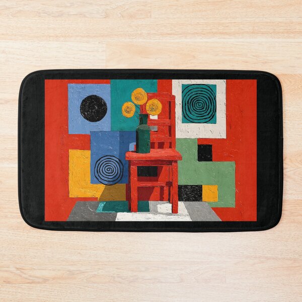 Item preview, Brighten the Room - Red Chair Still Life with Yellow Flowers and Colorful Geometric Background designed and sold by OlfactoART Studio.