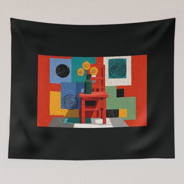 Item preview, Brighten the Room - Red Chair Still Life with Yellow Flowers and Colorful Geometric Background designed and sold by OlfactoART Studio.