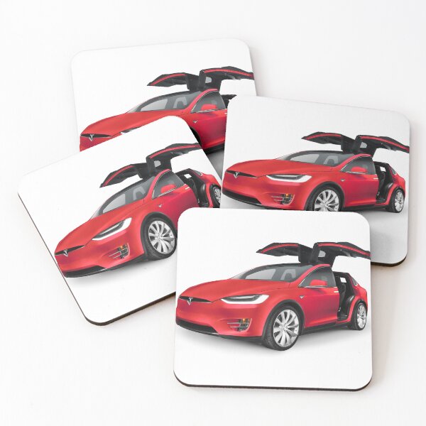 Item preview, Red Tesla Model X luxury SUV electric car with open falcon-wing doors Wall Art Print designed and sold by MaximImages .com Exquisite Arts.