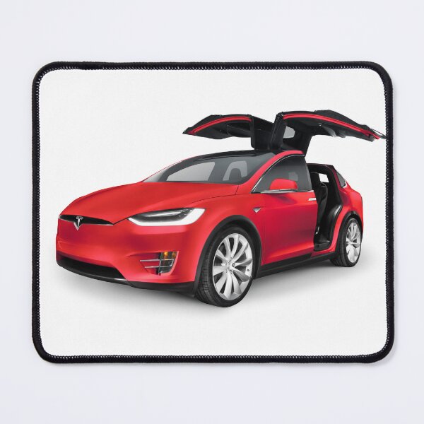 Item preview, Red Tesla Model X luxury SUV electric car with open falcon-wing doors Wall Art Print designed and sold by MaximImages .com Exquisite Arts.