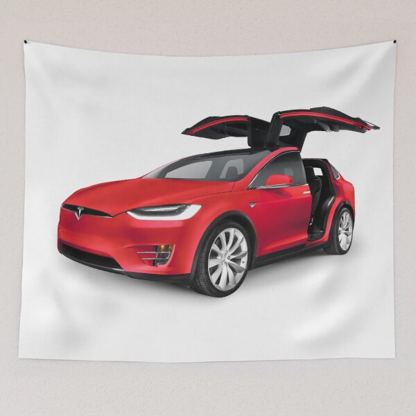 Item preview, Red Tesla Model X luxury SUV electric car with open falcon-wing doors Wall Art Print designed and sold by MaximImages .com Exquisite Arts.