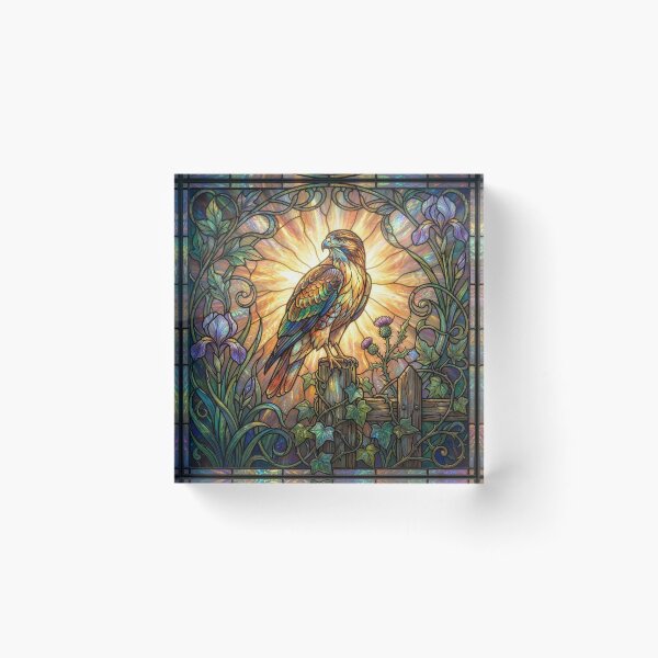 Item preview, Stained Glass Hawk With Thistles and Irises designed and sold by Tridentulus.