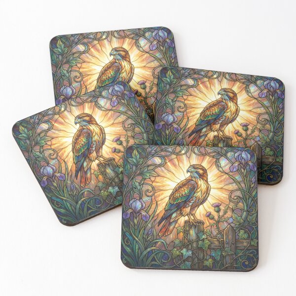 Item preview, Stained Glass Hawk With Thistles and Irises designed and sold by Tridentulus.