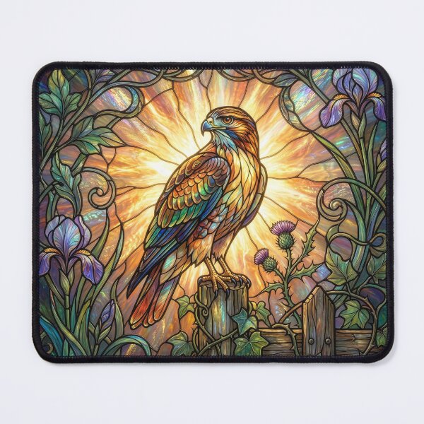 Item preview, Stained Glass Hawk With Thistles and Irises designed and sold by Tridentulus.