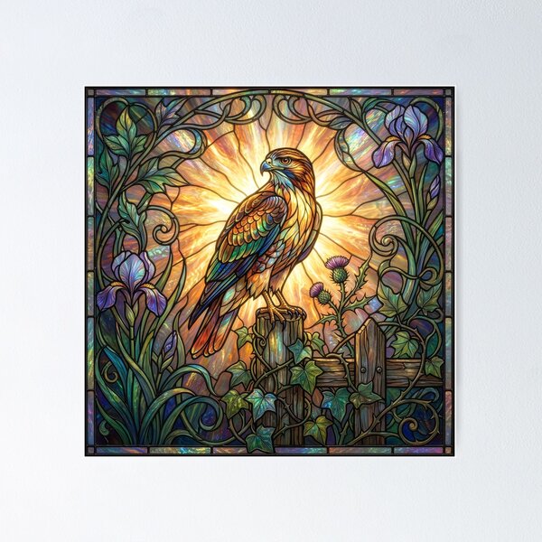 Item preview, Stained Glass Hawk With Thistles and Irises designed and sold by Tridentulus.
