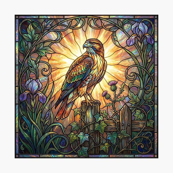 Item preview, Stained Glass Hawk With Thistles and Irises designed and sold by Tridentulus.