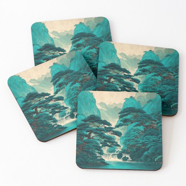 Item preview, Scenic Japanese landscape waterfall in shades of green designed and sold by dcrc.