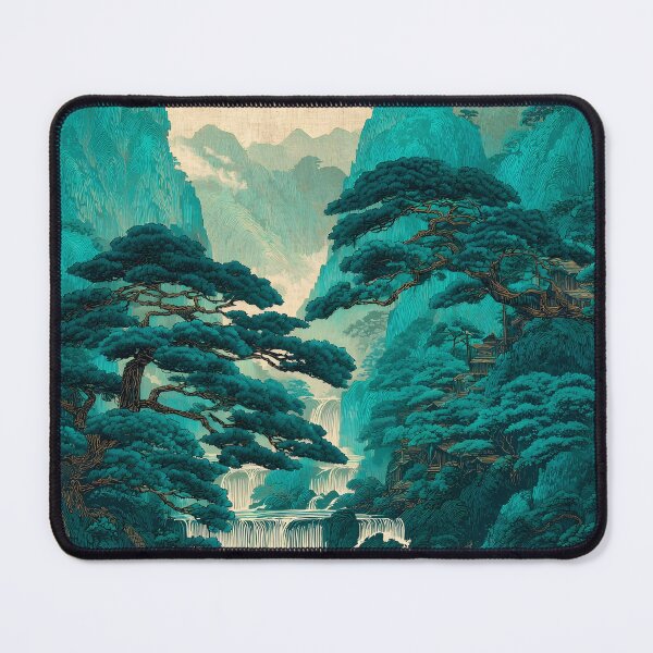 Item preview, Scenic Japanese landscape waterfall in shades of green designed and sold by dcrc.