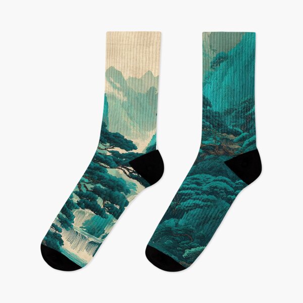 Item preview, Scenic Japanese landscape waterfall in shades of green designed and sold by dcrc.