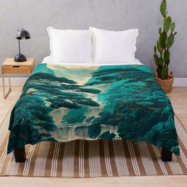 Item preview, Scenic Japanese landscape waterfall in shades of green designed and sold by dcrc.
