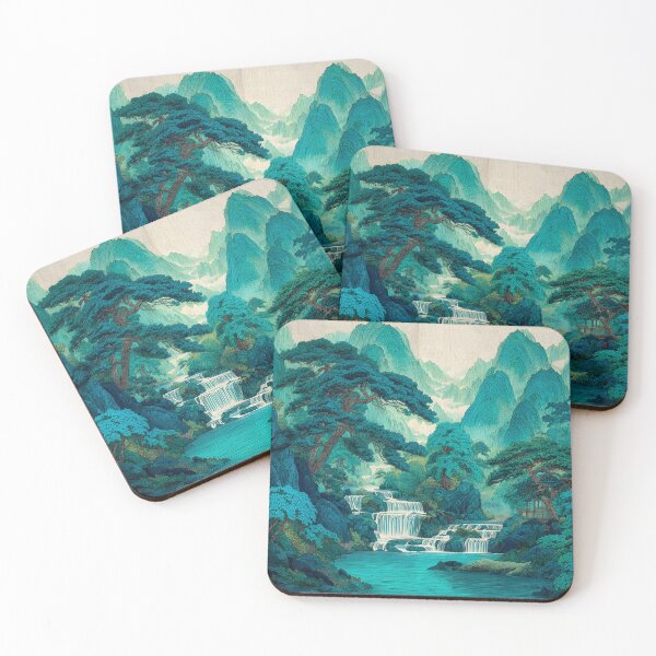 Item preview, Scenic Japanese landscape waterfall in shades of green designed and sold by dcrc.