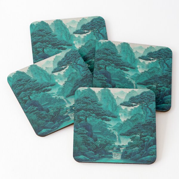 Item preview, Scenic Japanese landscape waterfall in shades of green designed and sold by dcrc.