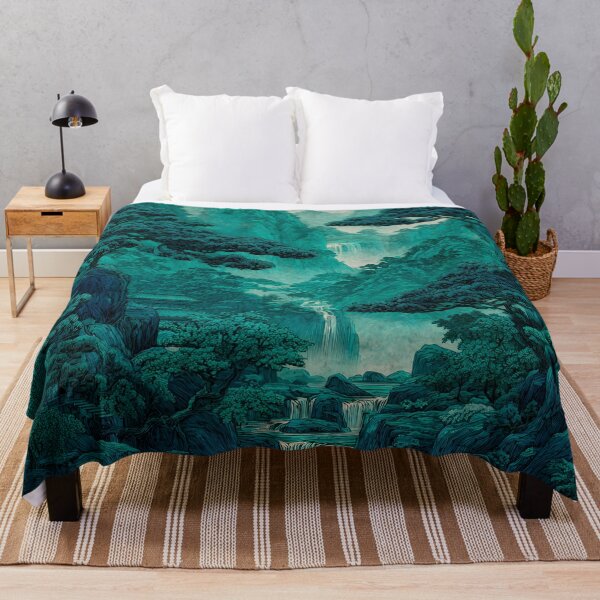 Item preview, Scenic Japanese landscape waterfall in shades of green designed and sold by dcrc.