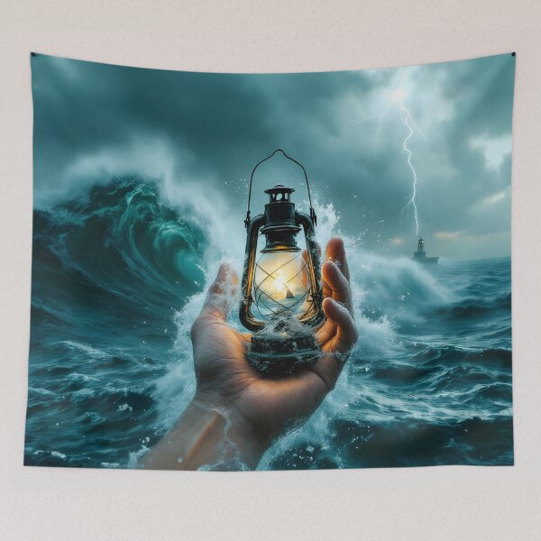Item preview, Storm Lantern Ocean Fantasy Art Print, Lightning Sea Aesthetic Wall Art, Dramatic Ocean Wave Artwork designed and sold by DreamyWallVibes.