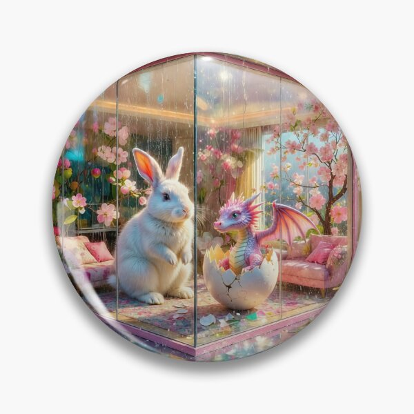 Item preview, Baby Dragon and White Rabbit in Modern City Sakura and Apple Trees Glass Apartment During Spring Rain designed and sold by M-Y-A-R-T-.