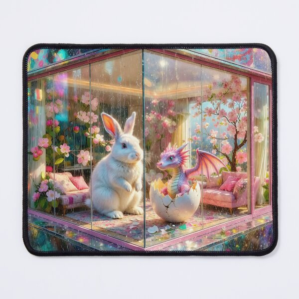 Item preview, Baby Dragon and White Rabbit in Modern City Sakura and Apple Trees Glass Apartment During Spring Rain designed and sold by M-Y-A-R-T-.