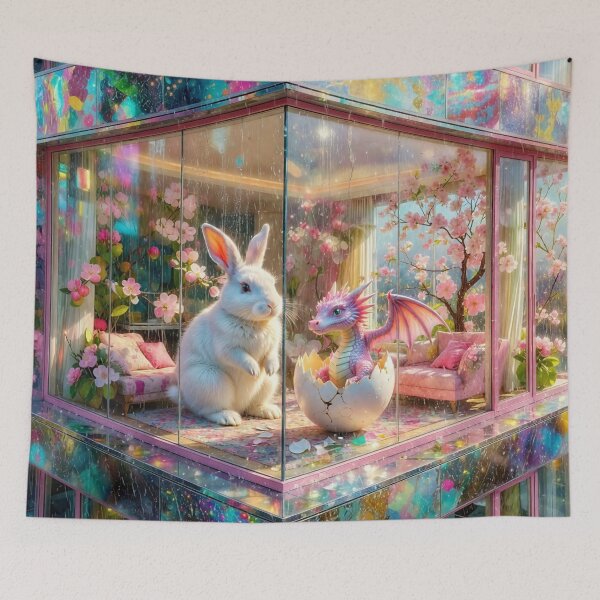 Item preview, Baby Dragon and White Rabbit in Modern City Sakura and Apple Trees Glass Apartment During Spring Rain designed and sold by M-Y-A-R-T-.