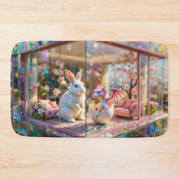 Item preview, Baby Dragon and White Rabbit in Modern City Sakura and Apple Trees Glass Apartment During Spring Rain designed and sold by M-Y-A-R-T-.