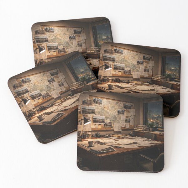 Item preview, Investigative Journalist Office at Night | Research Desk & Evidence Board | Cinematic Workspace Wall Art designed and sold by Element Horizon Studio.