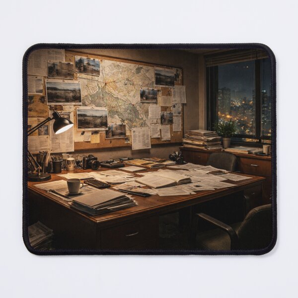 Item preview, Investigative Journalist Office at Night | Research Desk & Evidence Board | Cinematic Workspace Wall Art designed and sold by Element Horizon Studio.