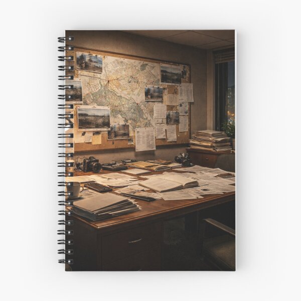 Item preview, Investigative Journalist Office at Night | Research Desk & Evidence Board | Cinematic Workspace Wall Art designed and sold by Element Horizon Studio.