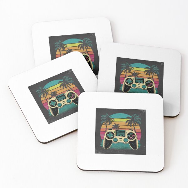 Item preview, “retro gaming controller with 80s sunset background, neon colors, palm trees, vaporwave style, vintage design, distressed texture, t-shirt graphic, high resolution” designed and sold by piyushpr7.